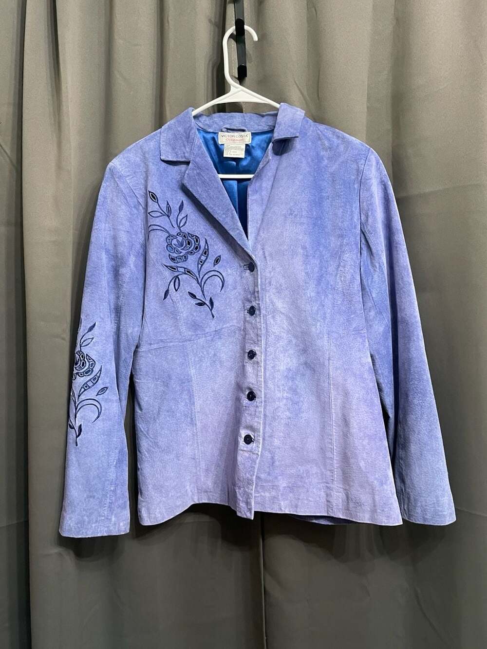 VTG Victor Costa Occasion Suede Embroidered Jacket Blue Size S